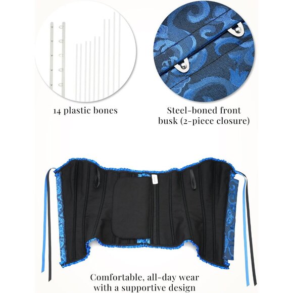 Women's Black and Blue Corset Tops Bustier Lingerie Lace Waist Push Up Bodysuit - Picture 5 of 8